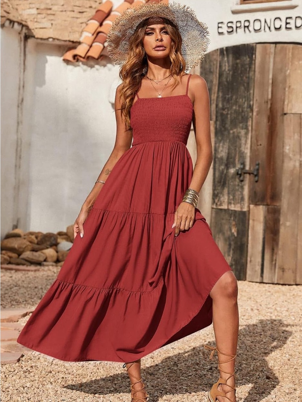 Rust Red Smocked Tiered Maxi Dress